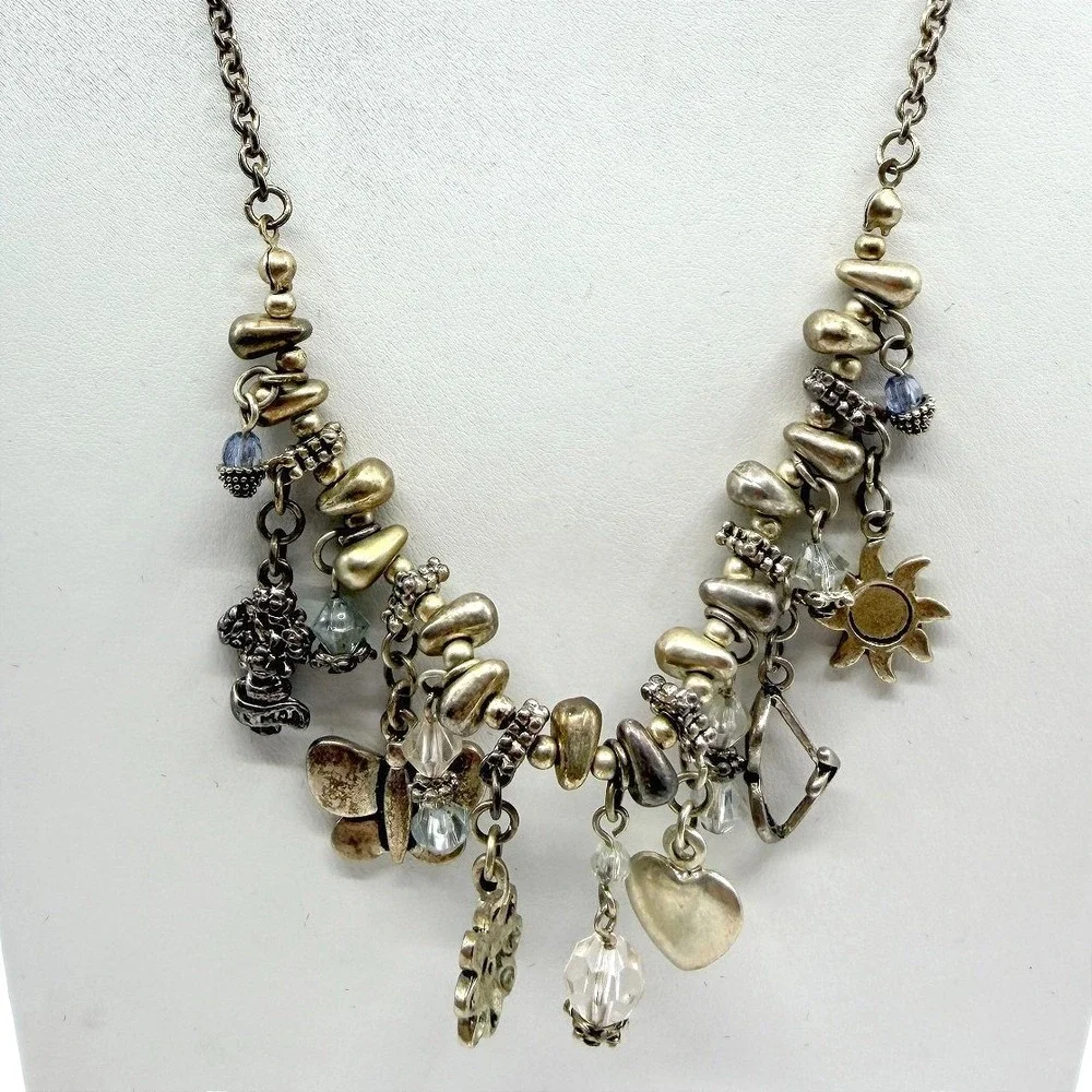 Vintage Silver Tone Multi Charm Necklace Sun Heart Butterfly Celestial Bead Boho